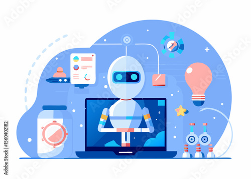 Future technologies flat design image. Space exploration with artificial intelligence. Vector illustration.