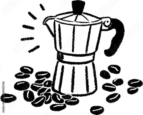 Hand drawn moka pot with scattered coffee beans for cafe decor and designs