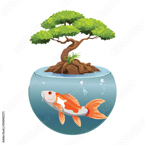 Artistic Koi Fish Scene with Bonsai Tree
