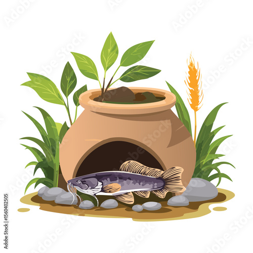 Fish Seeking Shelter Inside Clay Pot Dwelling