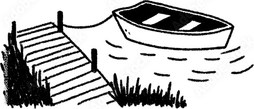 Hand drawn sketch of a small rowboat tied to a wooden dock