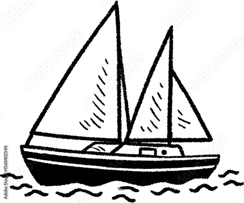 Hand drawn sketch of a small sailboat with triangular sails on wavy seas