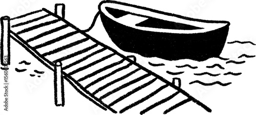 Hand drawn sketch of rowboat docked by wooden pier for nautical decor