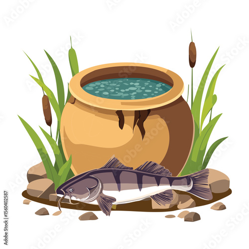 Fish Resting Beside Ancient Clay Pot