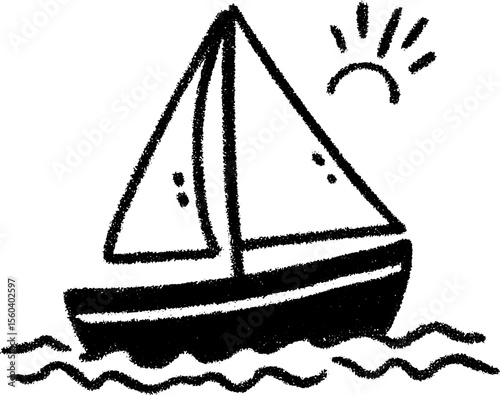 Charming sailboat drawing with triangular sails and sun