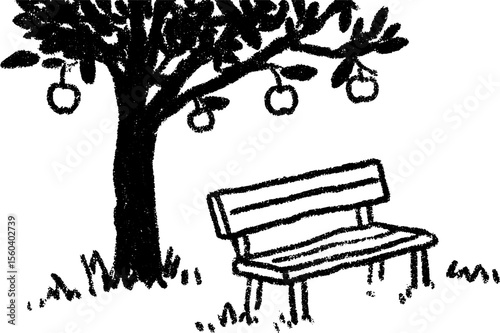 Serene wooden bench under apple tree sketch with natural charm