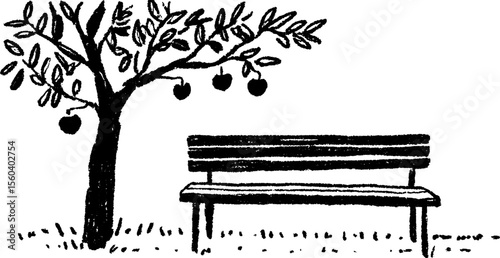Serene garden scene with wooden bench and apple tree sketch