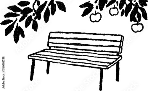 Rustic charm of a small wooden bench under a blooming apple tree