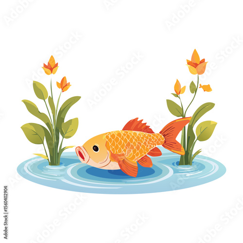 Golden Orange Fish in Pond with Plants