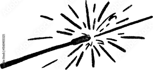Hand drawn sketch of a glowing sparkler with radiating bursts for festive design