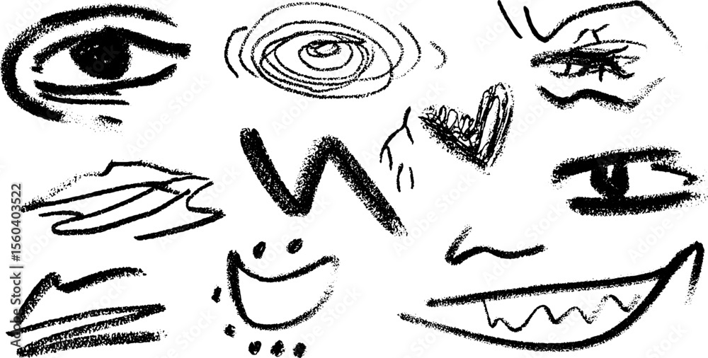 Abstract sketch of spiral eye and melting face with varied expressions and lines