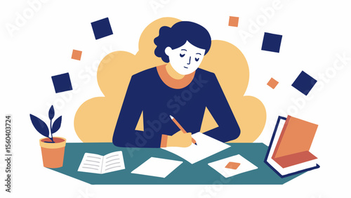 A person writing in a journal while surrounded by a pile of old photos demonstrating the process of reflecting on past memories.. Vector illustration