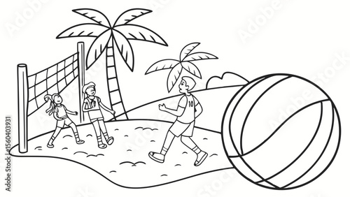 Line art coloring page, summer theme, a group of friends playing volleyball on a sandy beach, beach ball, net, palm trees in the background, simple lines, no shading, black and white