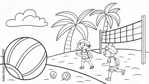 Line art coloring page, summer theme, a group of friends playing volleyball on a sandy beach, beach ball, net, palm trees in the background, simple lines, no shading, black and white