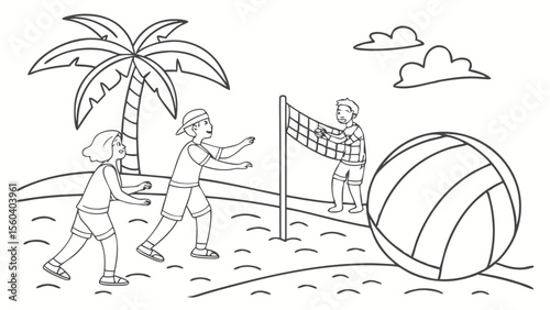 Line art coloring page, summer theme, a group of friends playing volleyball on a sandy beach, beach ball, net, palm trees in the background, simple lines, no shading, black and white