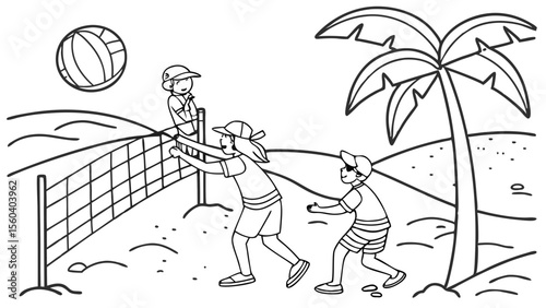 Line art coloring page, summer theme, a group of friends playing volleyball on a sandy beach, beach ball, net, palm trees in the background, simple lines, no shading, black and white