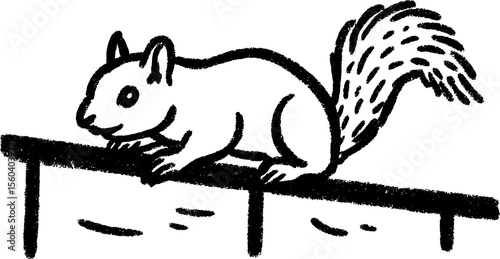 Hand drawn sketch of squirrel on park railing for nature art and design