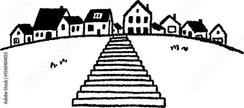 Hand drawn sketch of uphill staircase street with houses for design and print