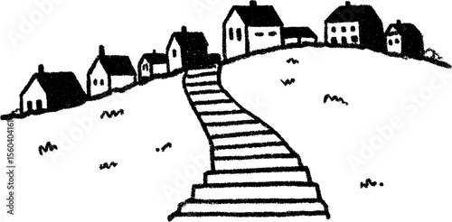 Uphill staircase street sketch with houses for urban design inspiration