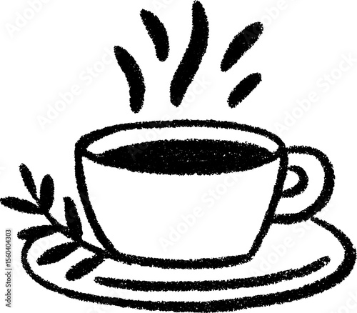 Steaming herbal tea mug with sprig on plate - hand drawn sketch for cozy concept