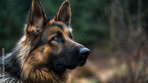A German Shepherd standing in a natural outdoor setting, loyal and strong dog breed, perfect for themes of pets, security, companionship, and wildlife background.