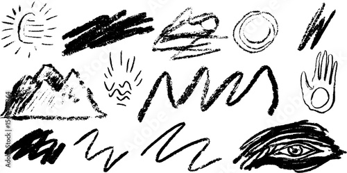 Primitive art depiction of hunter and wild animal in black and white