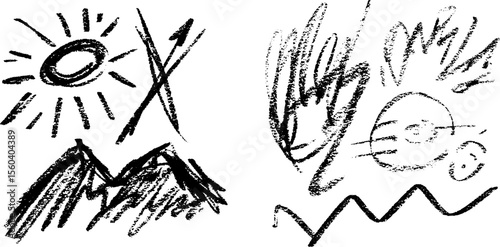 Primitive stick figure hunter and wild animal sketch with sun and nature elements