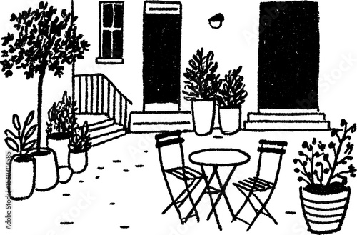 Outdoor street cafe with tables and chairs in hand drawn urban sketch