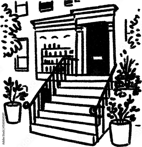Urban charm: hand-drawn sketch of a street corner bookstore facade