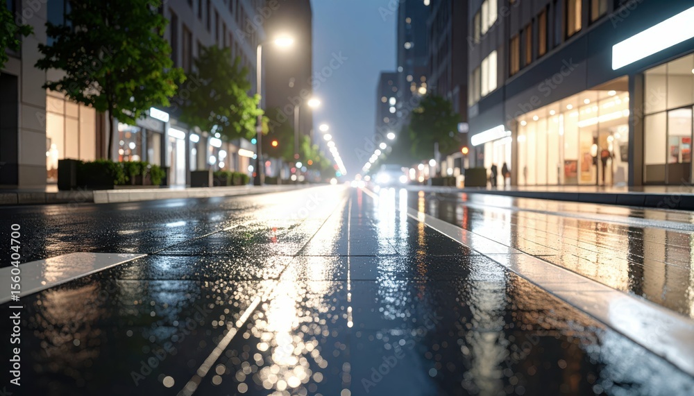 Obraz premium Glistening City Street with Reflections and Runoff at Night