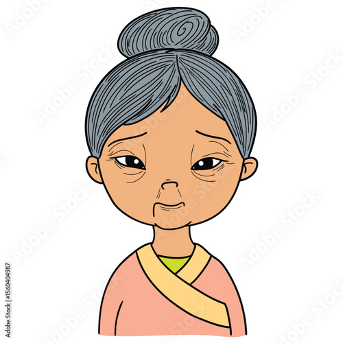 Hand drawn cartoon portrait elderly asian senior woman on white background.