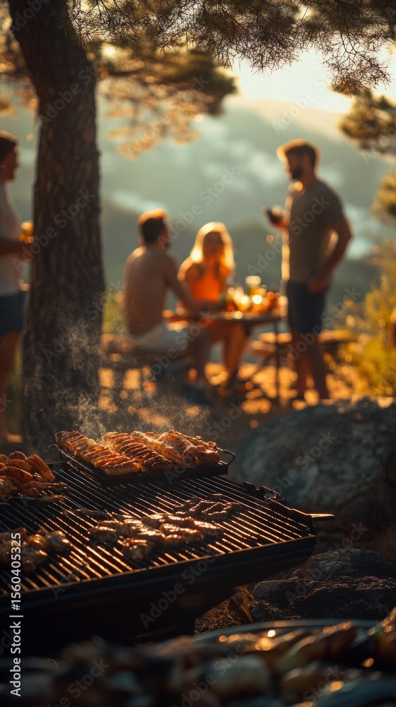 Fototapeta premium A family enjoying a barbecue outdoors on a warm evening. Travel and cooking blogs.