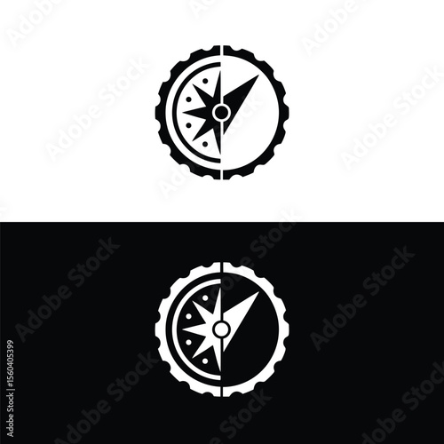 A black compass icon with gear elements is presented against a split white and black background, symbolizing direction and mechanical precision