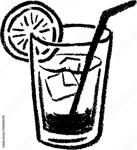 Refreshing lemon fizzy drink sketch with ice and straw for beverage design
