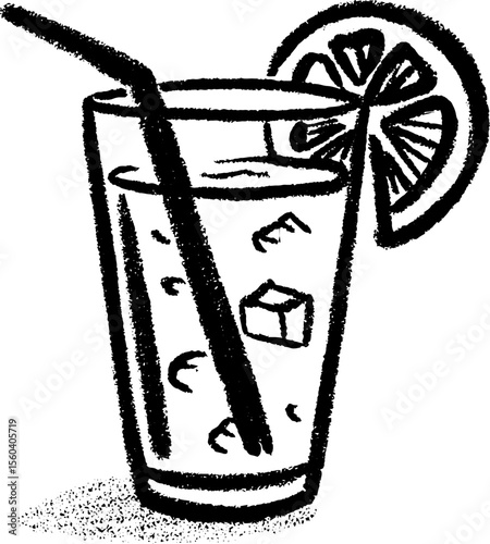 Refreshing fizzy drink sketch with lemon slice in artistic style for beverage design