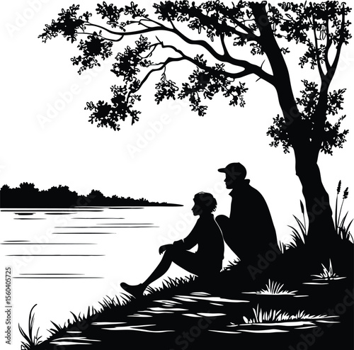 Couple Sitting by Lake Under Tree Silhouette Vector Illustration