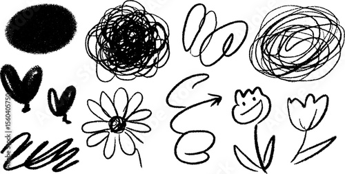 Chaotic scribble art with doodles and floral sketches