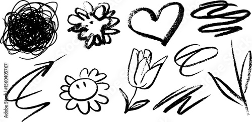 Whimsical chaos of scribbles and shapes - heart, flower, and arrow with playful lines