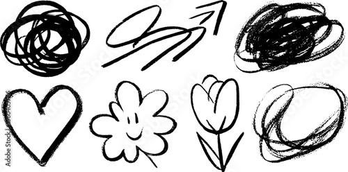 Whimsical sketches of chaos and nature: heart, flower, arrow, and swirl doodles