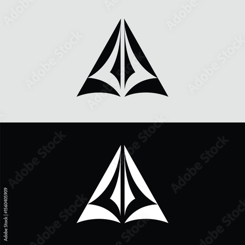 Two abstract triangle shapes are displayed in black and white, creating a modern and minimalist geometric design