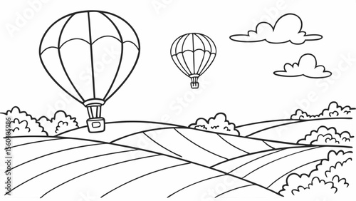 Line art coloring page, summer theme, a hot air balloon festival with multiple balloons floating in a clear blue sky, green fields below, simple lines, no shading, black and white