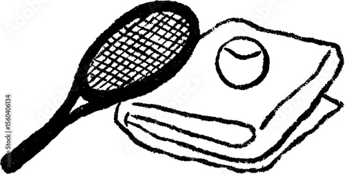Crayon sketch of a tennis racket and ball on towel for sports design