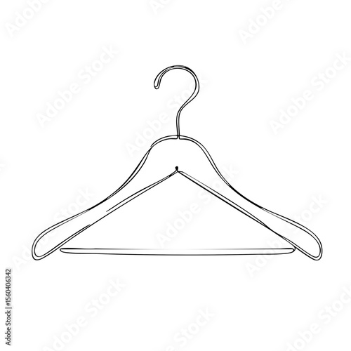 Wooden clothes hanger in a minimalist line art style in black on a white background for fashion and home organization concepts