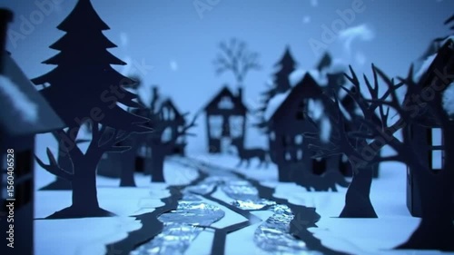 Paper cut winter village with trees and houses on snowy background  