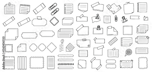Collection of hand drawn doodle style sticky notes paper clips binder clips and decorative tape elements for journaling and scrapbooking