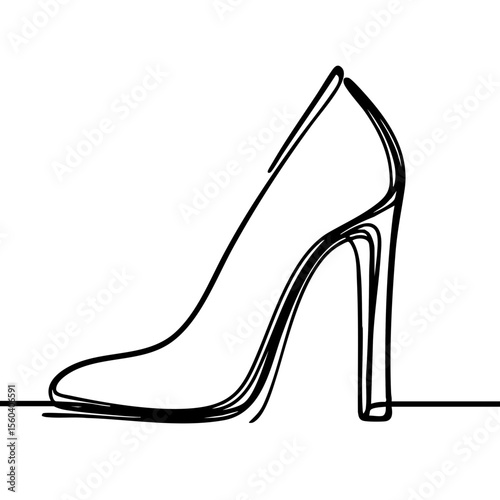 High-heeled pump shoe in a minimalist line drawing style in black and white for elegant fashion design
