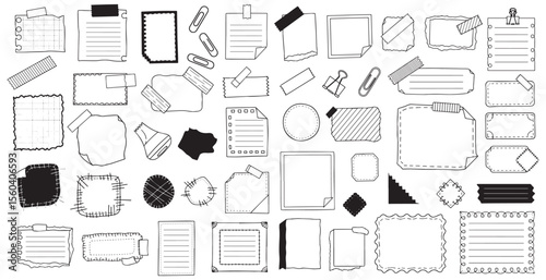 Collection of hand drawn doodle elements featuring various styles of paper notes sticky notes washi tape and paper clips