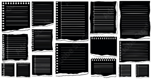 Collection of black torn paper sheets with white horizontal lines and spiral binding holes on a white background