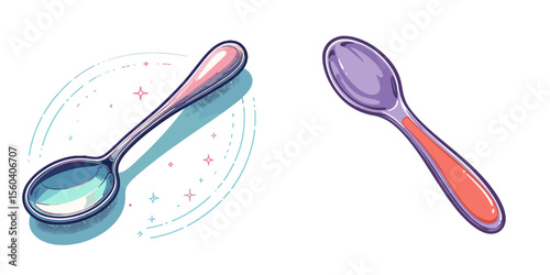 Set of two colorful children's spoons in a playful design in a modern style on a transparent background  