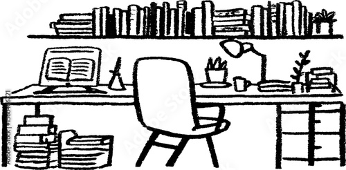 Quiet translator's office with open dictionary and bookshelf